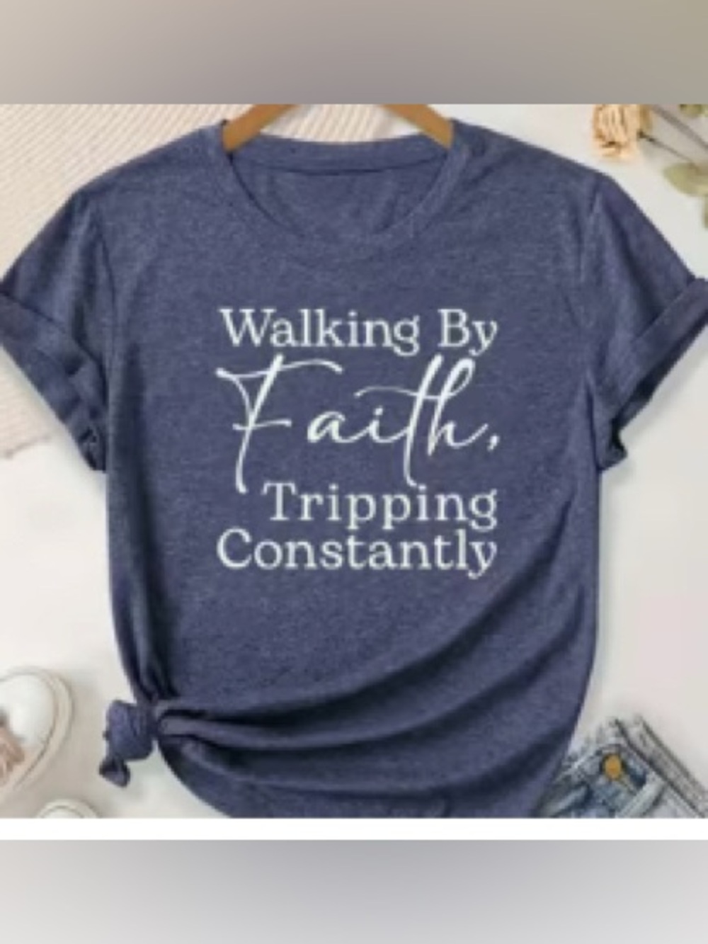 Navy Graphic Tee "Walking By Faith", Tripping Constantly